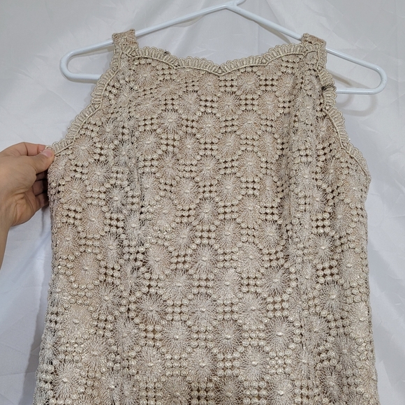 Vintage nude gold metallic thread embroidery crochet knit maxi formal dress - Picture 9 of 15